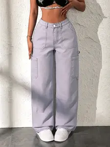 Women's Light High-Waisted Workwear Jeans, American Vintage Millennial Style, Loose Wide Leg, Multiple Pockets, Long Pants