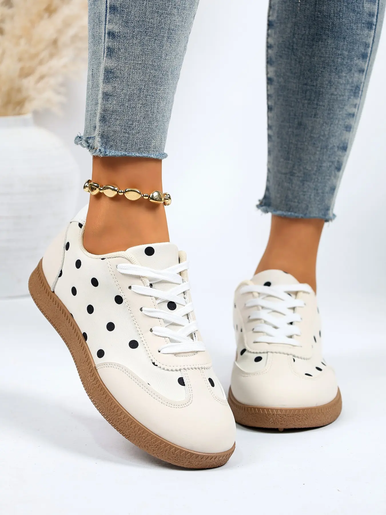 Women's Polka Dot Print Casual Board Shoes, Vintage Soft Rubber Sole Lace-Up Athletic Sports Shoes, Everyday Versatile Flat Sneakers, Walking Shoes