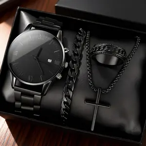 Men's 4-Piece Simple Watch & Jewelry Set Premium Stainless Steel Timepiece with Matching Bracelet Necklace Ring for Casual & Formal Looks Great BF Gift