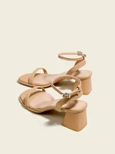 Women's Apricot High Heel Sandals, 6cm Chunky Heel, Electroplated, Thin Strap, Comfortable Work Shoes, Square Toe, Simple and Sexy