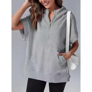 Womens Oversized Half Zip Hoodies Short Sleeve Casual Sweatshirts Pullover Tops with Pockets Leggings Womenswear Loose Aesthetic parke mockneck sweatshirt comfort hoodies sweatshirts zip hoodie denim tear hoodie 2025