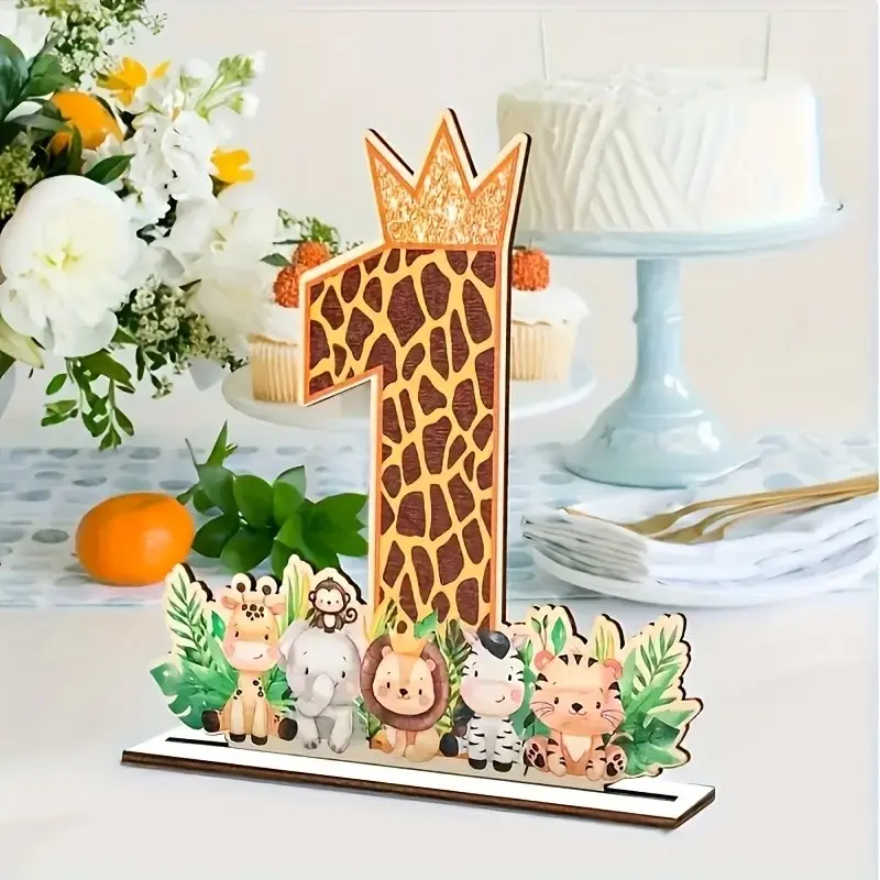 First Birthday Jungle Adventure Theme Decorative Wooden Giraffe, Fun Forest Animals and Crown, Perfect for Teenage Parties and Celebrations, Party Decoration Supplies