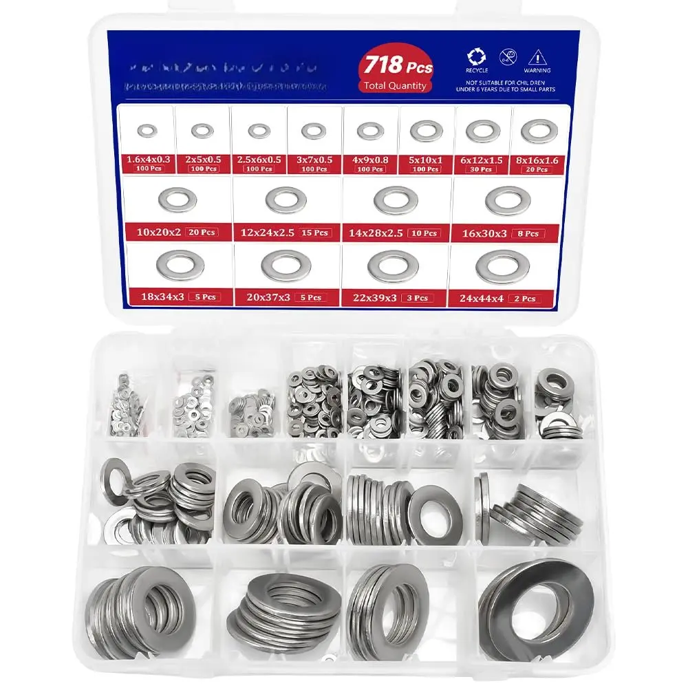 M1.6-M24 304 Stainless Steel Flat Washer,718pcs 16 Sizes Flat Washers  Kit,M1.6-M24 304 Flat Washers Spacers for Screws for Interior Decoration,Electrical Maintenance and Furniture Repair