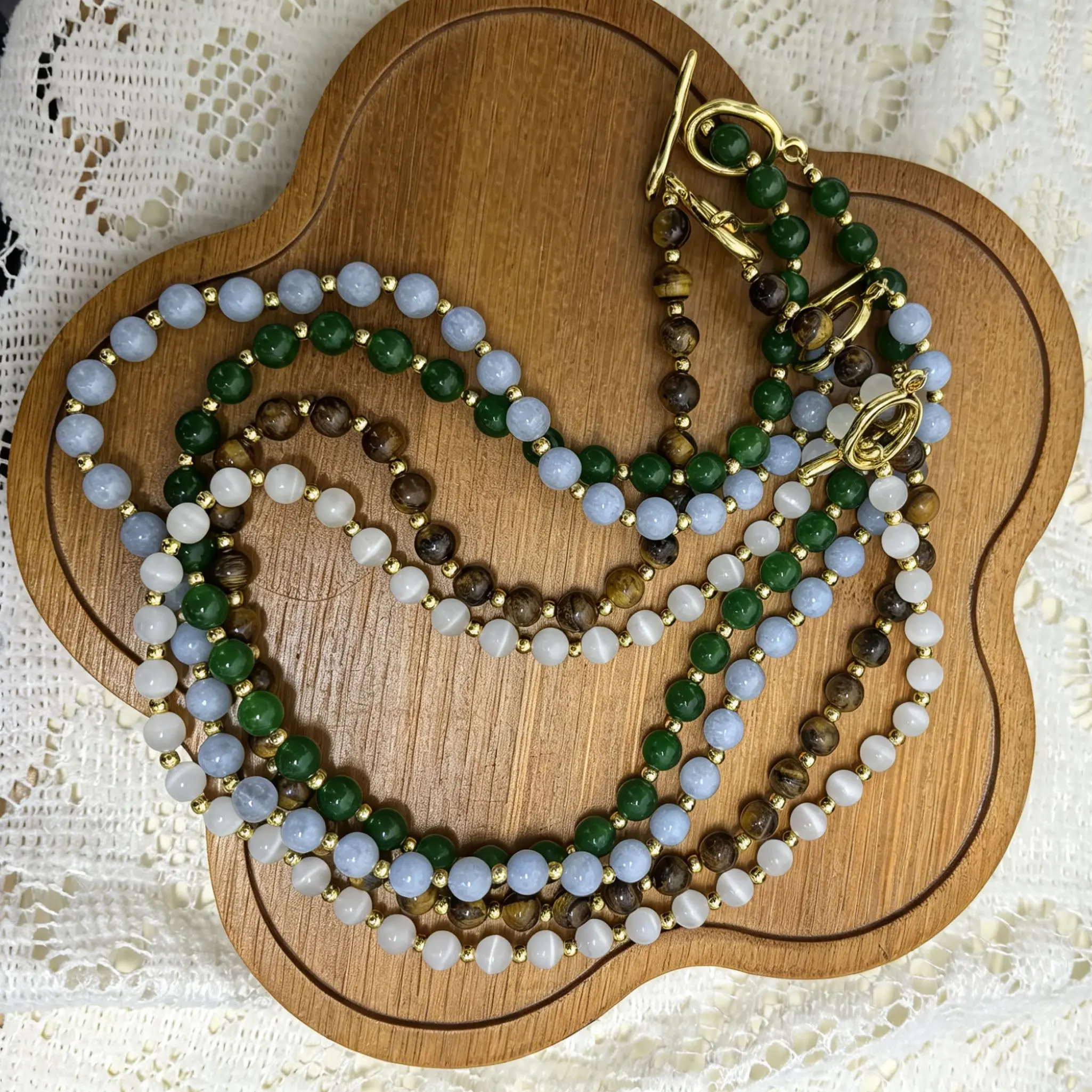 Natural 6mm Mixed Crystal Beaded Necklace, Natural Red agate, Red agate, Turquoise, Emerald, Aquamarine, Tiger Eye & White Selenite, Gold Accent Toggle Closure, Earthy Bohemian Jewelry, Unisex Statement Choker
