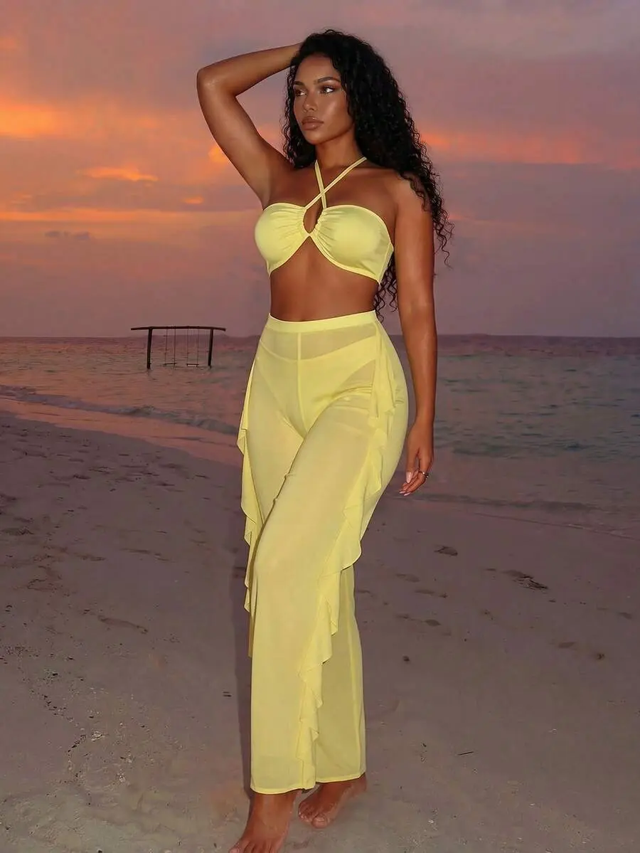 3pcs/Set New Yellow Halter Backless Top,Triangle Bottoms,Ruffle Trim Mesh Beach Pants, Casual Summer Holiday Vacation Bikini Swimwear Set Women