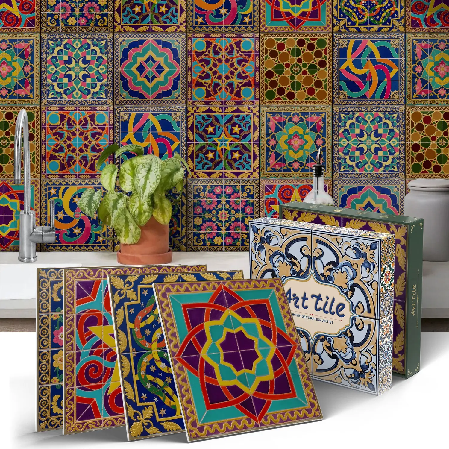 12/24PCS Gift Box ART PE Crystal Tile Stickers Exotic Bold Color Geometric Mix Waterproof Oil-Proof Bathroom Entryway Wall Decor