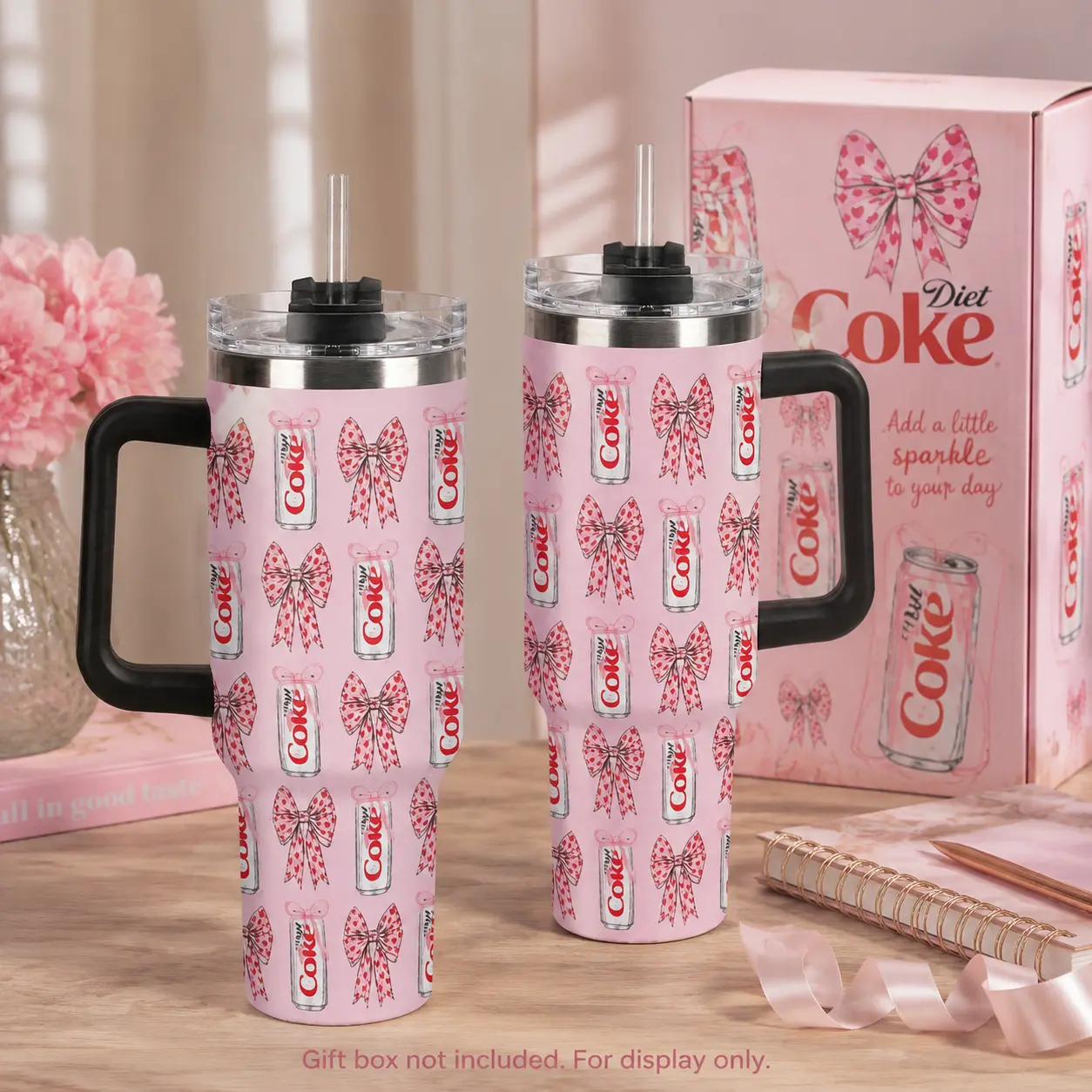 Diet C Pink Tumbler, Cute Bow Tumbler, Soda Pattern Tumbler, Travel Cup, 40oz Single Silver Edge Tumbler, Christmas Gift, 40oz Stainless Steel Cup, Gift for GirlFriend