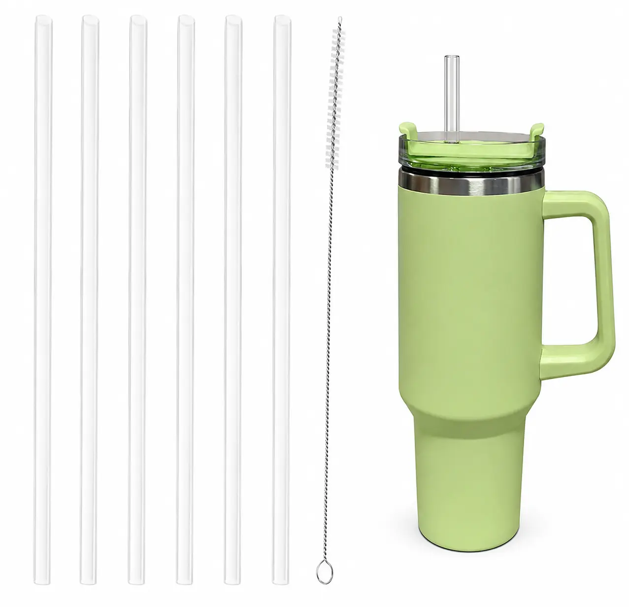 Reusable Plastic Replacement Straws, 6-Pack Clear Straws Compatible with 30 oz-40 oz Tumblers with Handles, Includes Cleaning Brush