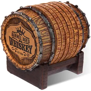 Whiskey Barrel Coaster Set - Handcrafted whiskey barrel decorations designed specifically for whiskey enthusiasts and men's private spaces. A perfect gift for decorating men's private spaces - includes six full-size whiskey coasters and a barrel-style sta