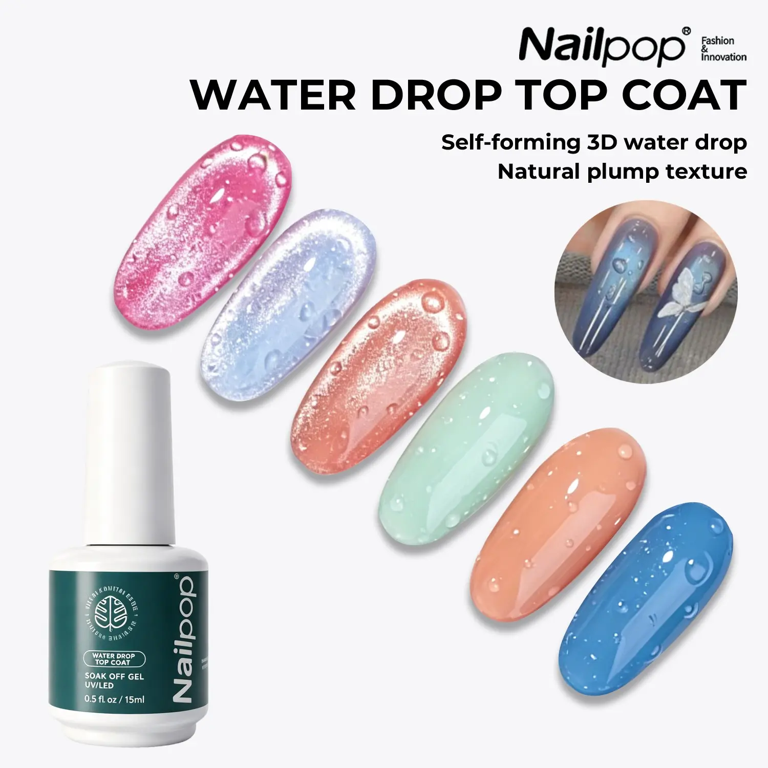 1/2Pcs HEMA-Free Gentle Water Drop Top Coat, Gel Topcoat, Nail Products, 15ml Nail Art Gel Polish for Natural Dewy Water Drop Effect, Gel Shine Finish, Shiny Glass Finish, Beginner-Friendly for DIY Manicure