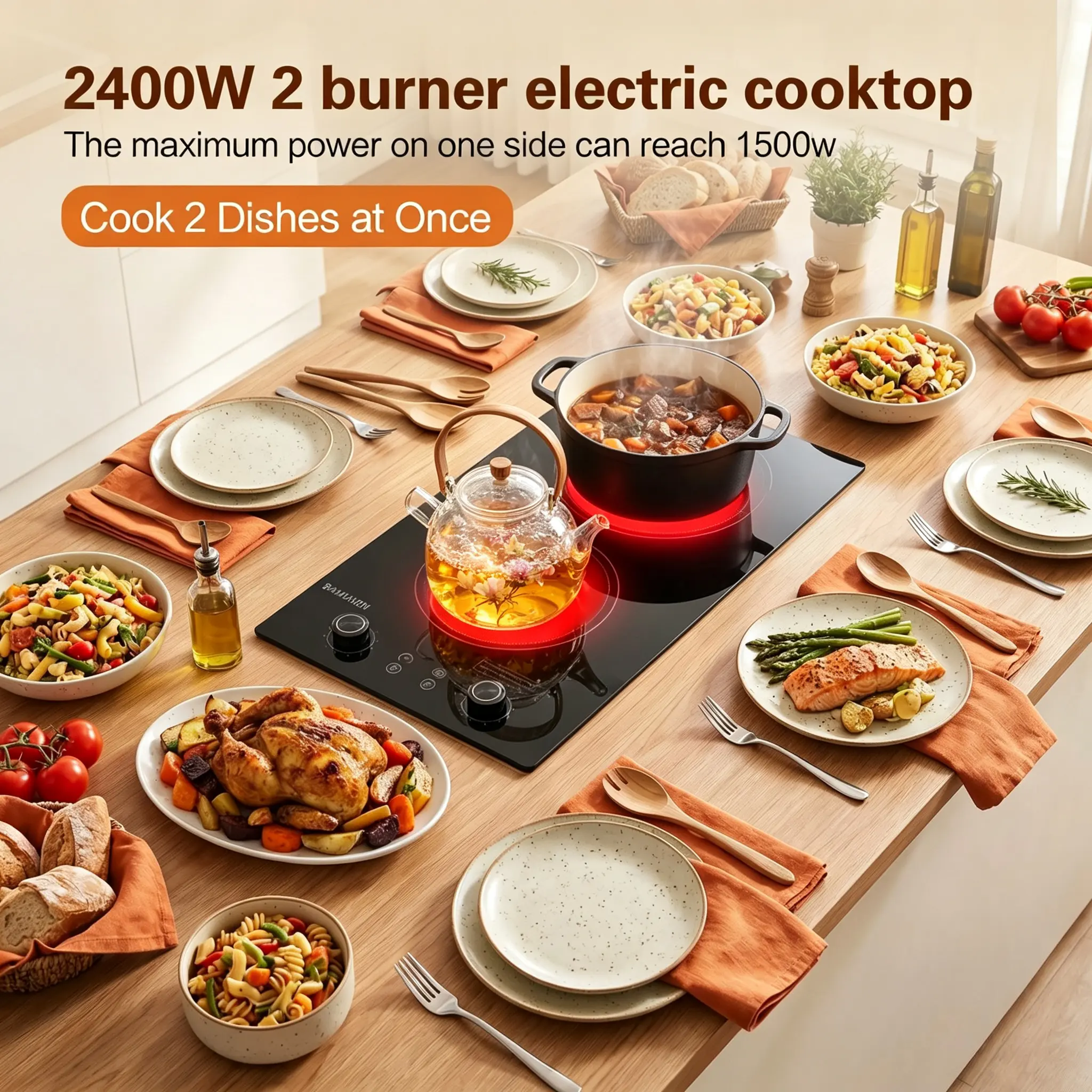 BAMUSEN 2-Burner Portable Electric Cooktop - Sensor Touch Control, 10 Adjustable Power Levels, 9 Adjustable Temperature Levels, 99-Minute Setting, Built-In Child Safety Lock, High & Low Voltage Warning System, Over-Temperature Protection for Kitchen Use