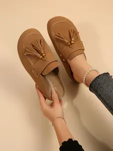 Camel Color PU Leather Mules, Soft Earthy Colors, Textile Upper, Tpr Sole, Fringe Decor, All Seasons, Casual & Commute Wear