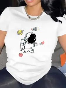 Women'S Athletic Wear Featuring a Stylish Round-Neck Short-Sleeve T-Shirt with a Cartoon Astronaut Design