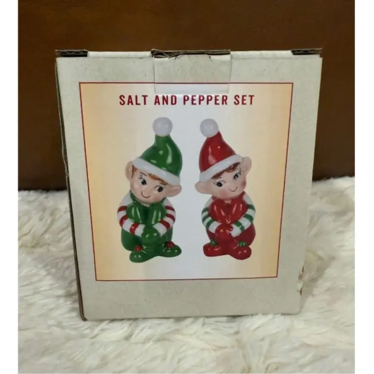 Cracker Barrel ELF Festive Christmas Design 2-Piece Kitchen Set - Colorful Stoneware Seasoning Utensils, Salt and Pepper Shakers, 1.97in x 1.57in x 3.74in Holiday Dining Table Decor Collectors' Kitchenware
