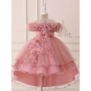 (New)[Elegant Tulle Dress] Lavender Off-the-Shoulder Girls' Tulle Party Dress |     Floral & Bead Accents, Knee-Length Asymmetrical Train, Elegant Design, Layered Ruffles, for Birthday, Wedding, Piano Recital, Birthday Celebration, Children's Celebration