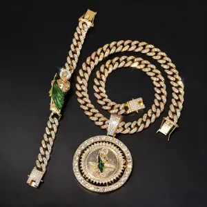 2026 San Judas 3-Piece Intercessor Jewelry Set - 14K Gold Plated Stainless Steel Pendant & Bracelet with Ice Crystal Diamonds, Perfect for Easter/Rap Style Faith Devotees