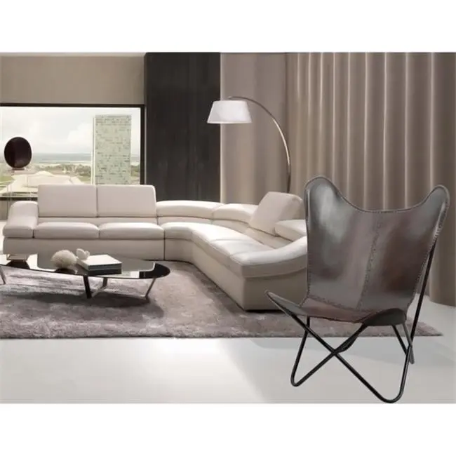 212 MAIN Hand-Sewn, Leather, Butterfly, Char Brown Accent Chair - Contemporary Textiles & Soft Furnishings Seating Piece