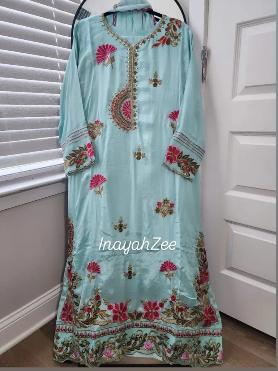 Rawsilk Embroidered Pakistani Kaftan Suit with Embroidered Chiffon Dupatta for Party Wear - Womenswear