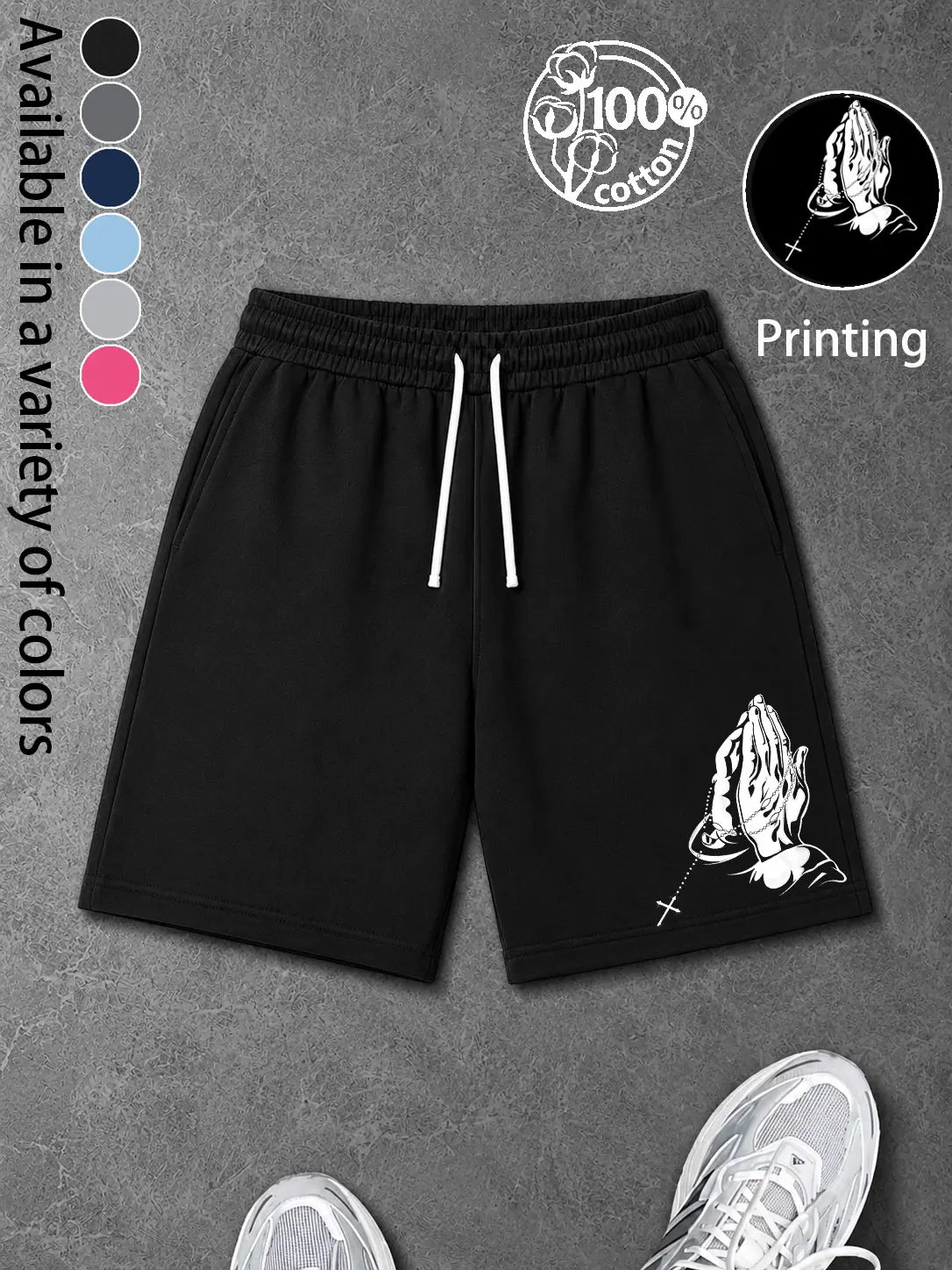 Unisex Y2K street-style 100% cotton athletic shorts featuring a “Prayer Hands” cross print, elastic drawstring waist, side pockets, relaxed fit; men’s summer shorts available in multiple colors; trendy patterned running shorts suitable for everyday wear a