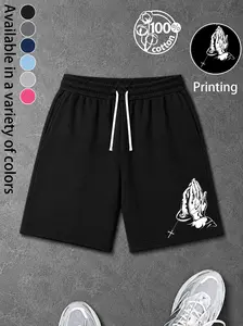 Unisex Y2K street-style 100% cotton athletic shorts featuring a “Prayer Hands” cross print, elastic drawstring waist, side pockets, relaxed fit; men’s summer shorts available in multiple colors; trendy patterned running shorts suitable for everyday wear a