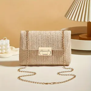 Women's Woven Crossbody Bag with Detachable Golden-Tone Chain Strap & Double Metal Clasp Closure - Textured Fabric in Beige/Khaki for Casual & Formal Occasions, Crossbody Purse, Fashion Accessory, Elegant Clutch, Polyester Construction