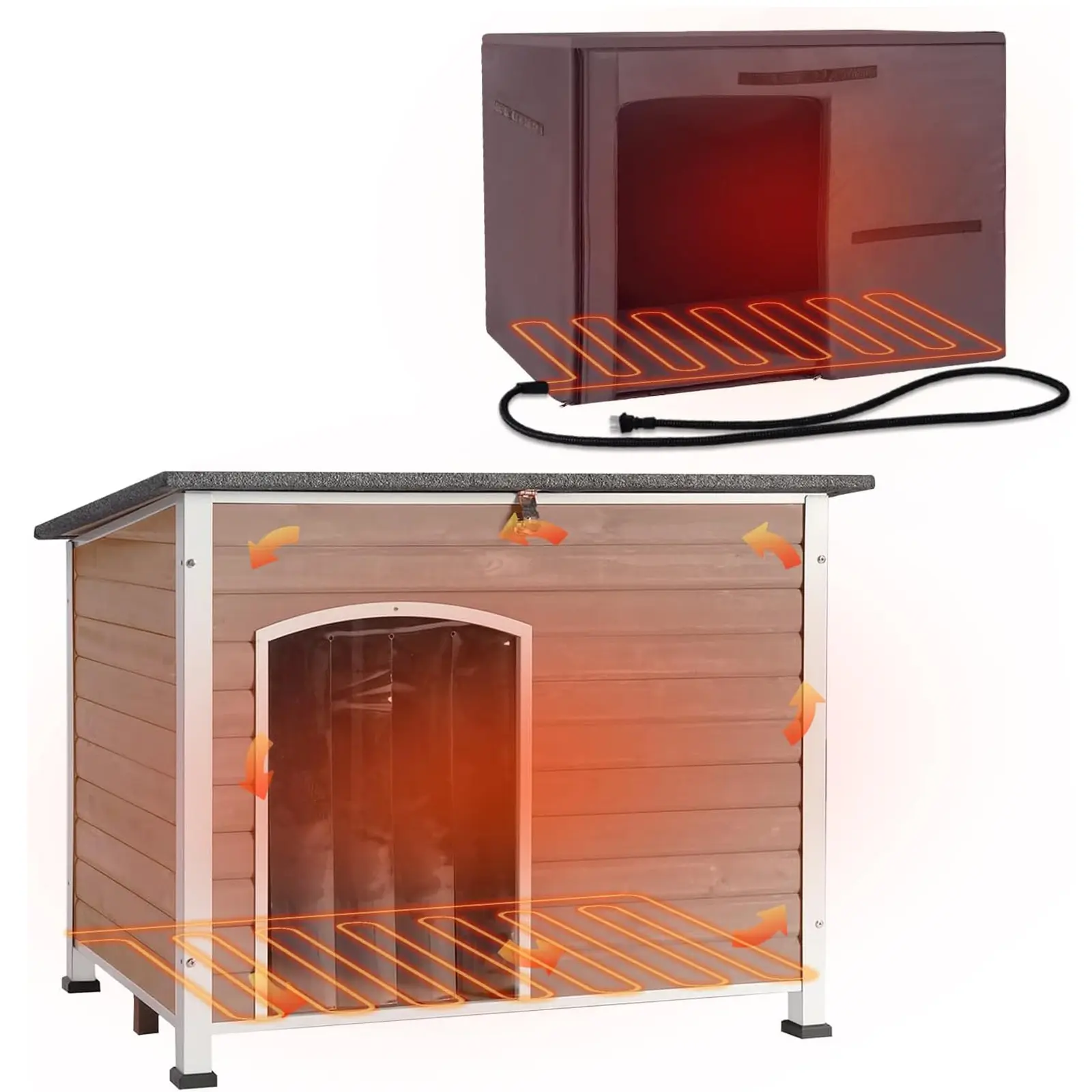 Aivituvin-AIR75/76-M-IN-HP Heated Outdoor Dog House - 43.3 inches L, Outside Use for Warmth, Iron Frame, Chew Proof, Asphalt Roof, Included Heating Pad
