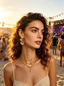 4-Piece Set Flower Earrings + 3-Layer Snake Coin Necklace, Summer Y2K Beach Music Festival Jewelry for Women