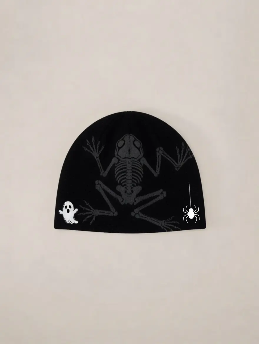Skeleton Frog Halloween Knit Beanie, Gothic Winter Hat, Cute Ghost Spider Graphic Beanie, Warm Unisex Cold Weather Cap
