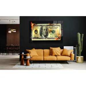 Dollar Bill On Fire Burning Acrilyc Glass Effect Office Wall Art Inspirational Wall Decor Canvas Ready to hang Wall Art Money Dollars Print