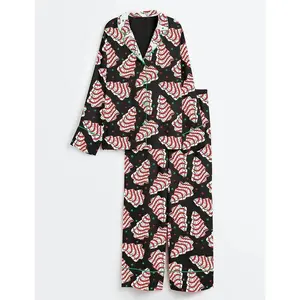 Women's Christmas Tree Cake Long Sleeve Satin Pajama Set