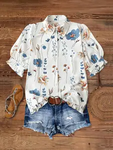 Women's Floral Print Shirt, Casual Short Sleeve Collar Top for Summer, Women's Clothing for Daily Wear
