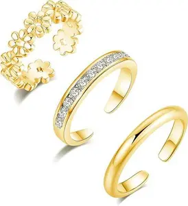 3Pcs Toe Rings for Women Non Tarnish 14K Gold Filled Toe Ring Adjustable Flower CZ Dainty Toe Ring Summer Beach Foot Jewelry