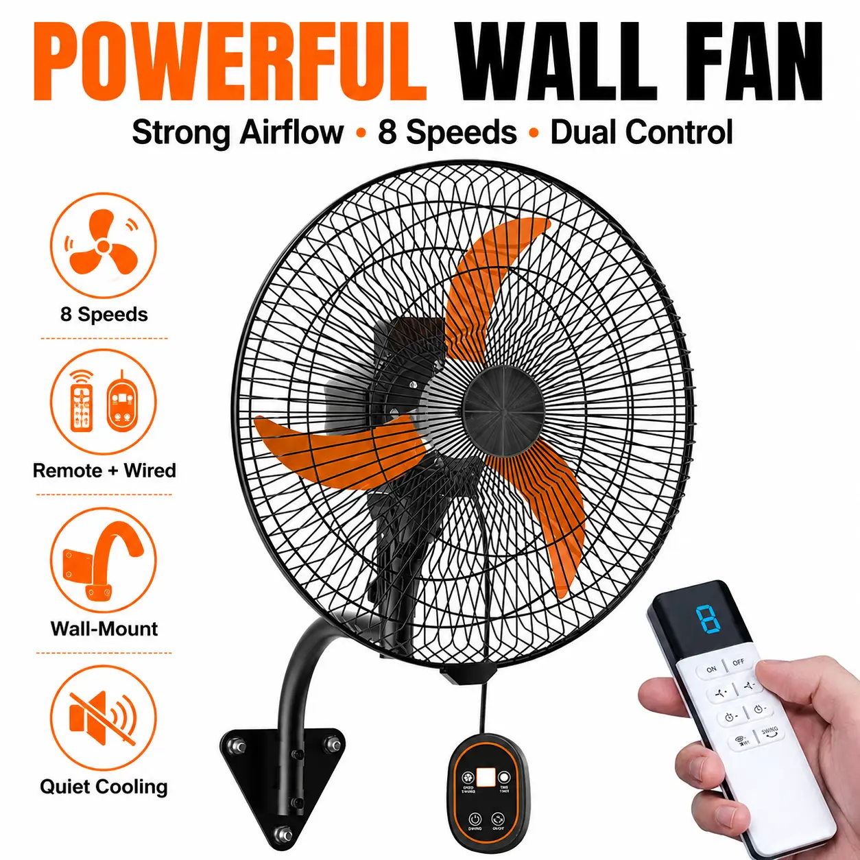 18" Wall Mounted Fan with Remote Control, 4050 CFM High Velocity Oscillating Wall Mount Fan, DC Motor Commercial Shop Fan for Garage, Workshop, Gym, Patio, Indoor/Outdoor