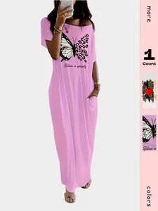 Women's printed bat sleeve casual dress with pockets, casual and comfortable loose nightdress