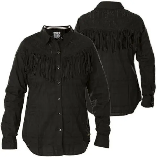 Affliction Women's Long Sleeve Shirt - Button-Down with Rock Fringe Accent, Embroidery, and Digital Print, Printed, Top, Cotton Blend, All Seasons, Full Length, Blouse, Casual