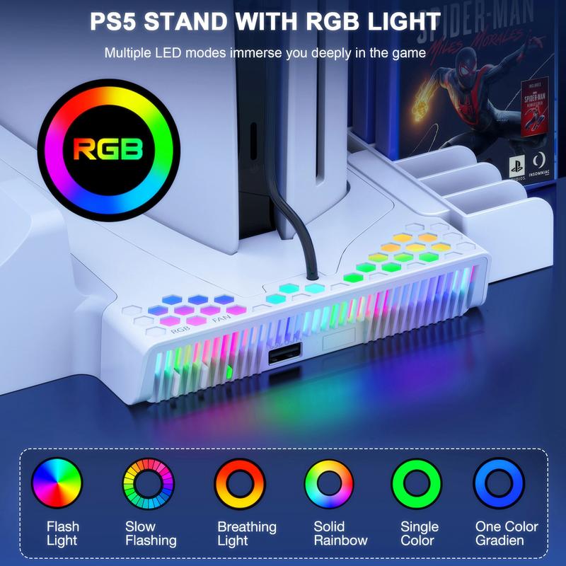 PS5 Slim Stand Cooling Station with PS5 Controller Charger for Playstation 5/Slim Console, PS5 Accessories Vertical Stand Incl.3 Levels Cooling Fan,Light,Headset Holder,14 Game Slot