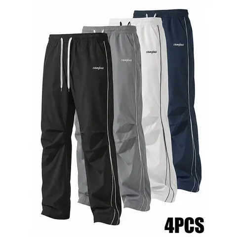 Men's 4-Pack Summer Lightweight Loose Straight-Leg Pants, Drawstring Elastic Waist, Breathable Woven Fabric, Durable, Versatile for Sports & Daily Casual Wear