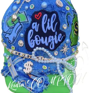 Custom Junk hat with patch work Jean fabric charms chains and stones