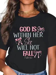 Women's Christian Graphic T-Shirt - God Is Within Her Printed Round Neck Top, Casual 100% Cotton Short Sleeve Streetwear