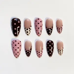 Cute Polka Dot Nails/Pink Nails/Brown Press on nails long almond nails/Kawaii Nails/Fall Nails/Birthday Nails/French Cute Nails Custom Nails YH4SLT