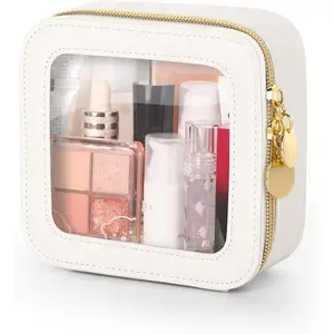 Mini Makeup Bag, Small Makeup Bag for Purse, Waterproof Clear Makeup bag, Leather Cosmetic Bag, Square Make Up Bag Pouch, Toiletry Bag for Travel, Car and Women, Purple