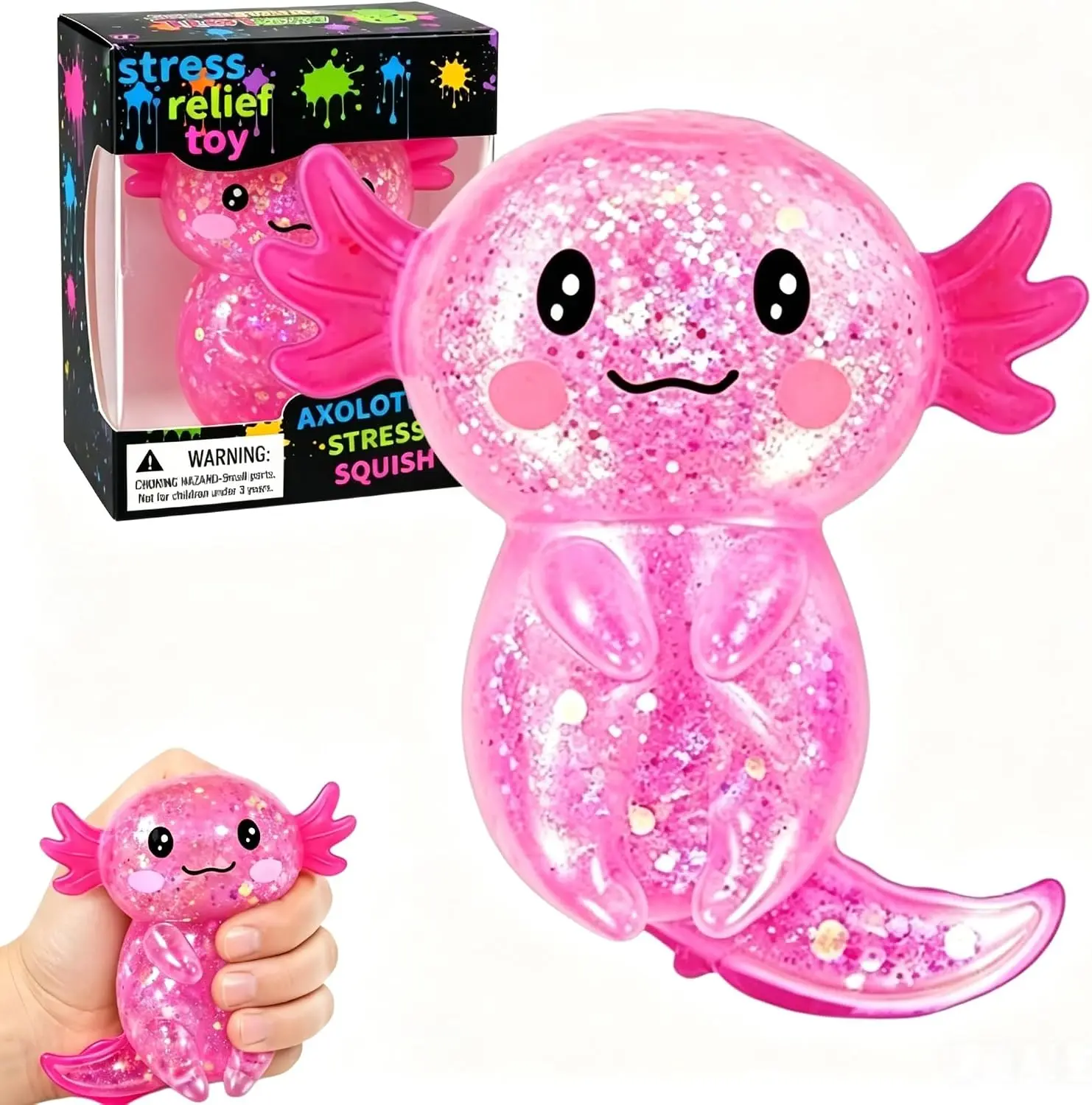Axolotl Squishy Stress Relief Toy,Glitter Fidget Squishy Toys,Cute Axolotls Squeeze Toys, Fidget Toys for Kids Youth Adult,Party Favors (Pink Axolotl)
