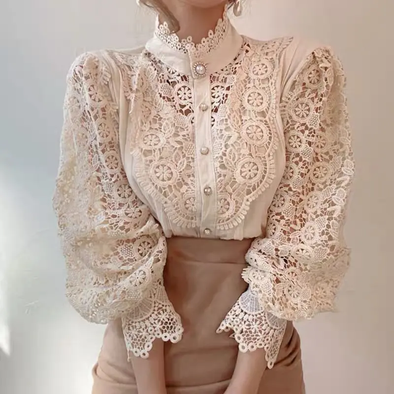 Lace Hollow Out Blouse Stand Collar Flare Long Sleeve Shirt