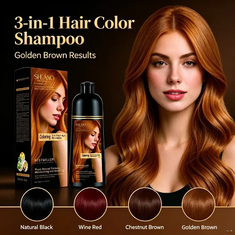 Golden Brown 3-in-1 Hair Dye Shampoo, Ammonia Free Herbal Plant Based Semi Permanent Hair Color Shampoo, Long Lasting DIY At Home Hair Dye for Gray Hair Coverage, Gentle Hair Coloring Shampoo for All Hair Types