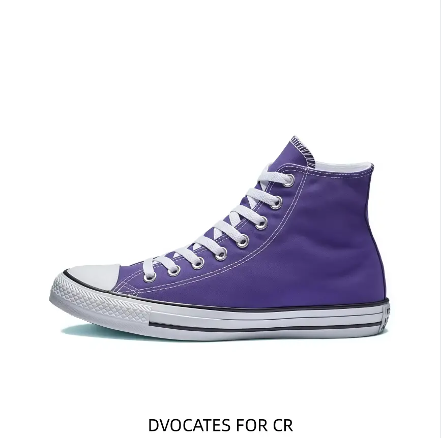 Retro vivid purple canvas high-top athletic shoes with layered white sole provide flexible fit for campus commutes and weekend dating trips