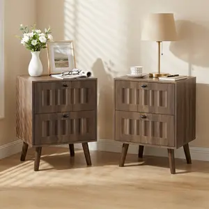 [Fahuac] Walnut 2-Drawer Nightstand Set of 2, Mid-Century Modern Bedside Table with Solid Wood Legs, Vintage Grooved Cabinet for Bedroom Living Room