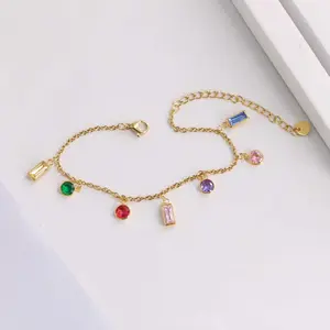Everyday Multi-Color Mixed Shape Charm Bracelet for Women, Adjustable Rainbow Sparkle Link Bracelet, Dainty Statement Layering Jewelry, Trendy Aesthetic Daily Wear Accessory, Gift for Mom Girlfriend