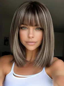 Deep Highlights Shoulder-Length Short Wig, Natural Straight Daily Wear, Fashionable Beauty Accessory, Festival, Stylish Gift Choice, Natural Looking Wig