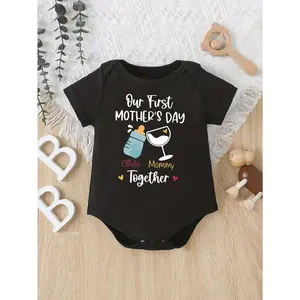 Cute Baby Bodysuit with Our First Mothers Day Olivia Mommy Together Print Soft Versatile Round Neck Button Detail Regular Fit All Seasons Knitted Fabric Onesie for 0-12 Months