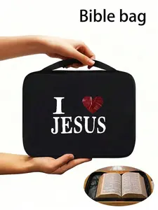 Jesus Print Bible Bag, Heart Design Bible Storage Pouch, Easter Jesus Bible Bag, Zippered Handbag, Cross Flower Letter Print, Large Capacity